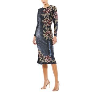Mac Duggal Womens Sequined Asymmetrical Floral Column Gown, Blue